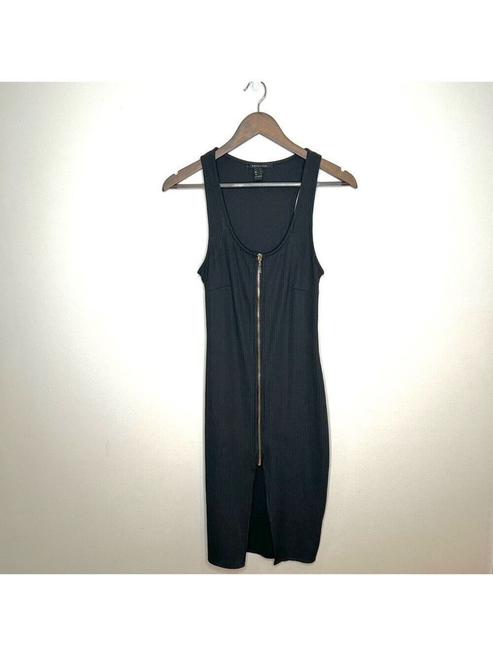 Ribbed Bodycon Dress Black with Gold Zipper Small